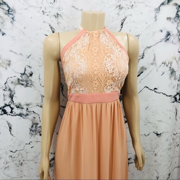 E013 Anthropologie Champagne & Strawberry Backless Halter Layered Maxi Dress - Picture 3 of 8